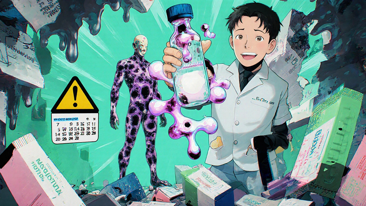 A pharmacist watching a biologic drug morph into a biosimilar amid chaotic pill packaging and warning signs.