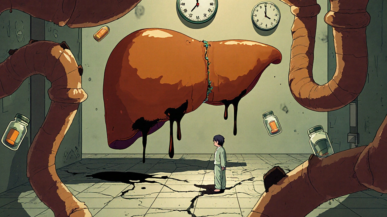 A surreal liver landscape with dripping black fluid and floating pill bottles in a crumbling hospital room.