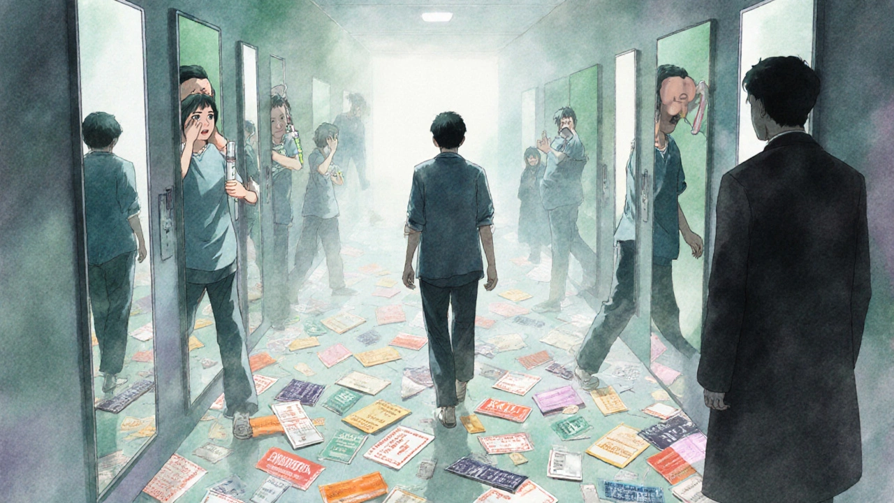 A survivor walking through a foggy hallway with floating mirrors showing different versions of themselves.