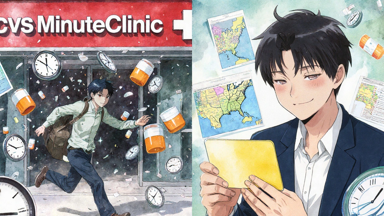 A traveler rushes to a clinic the day before departure versus calmly preparing weeks earlier, shown in a split-panel dreamlike scene.