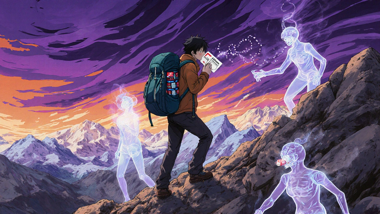 A traveler takes altitude sickness medication on a mountain trail, with ghostly illness spirits floating around them.