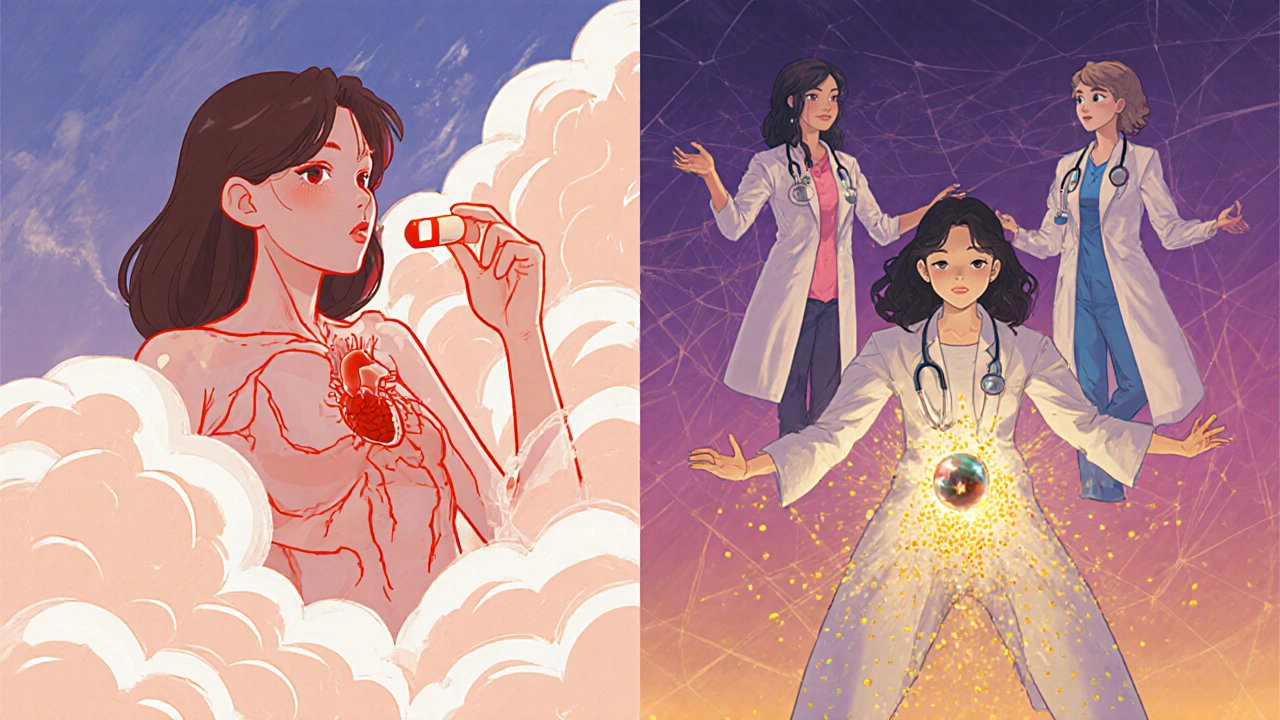 A woman with high cholesterol split between danger and safety, supported by a medical team in a dreamlike scene.