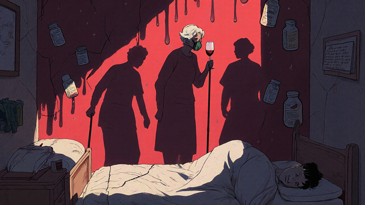 An elderly woman&#039;s shadow transforms into figures affected by alcohol-medication interactions, with glowing wine glass casting red light.