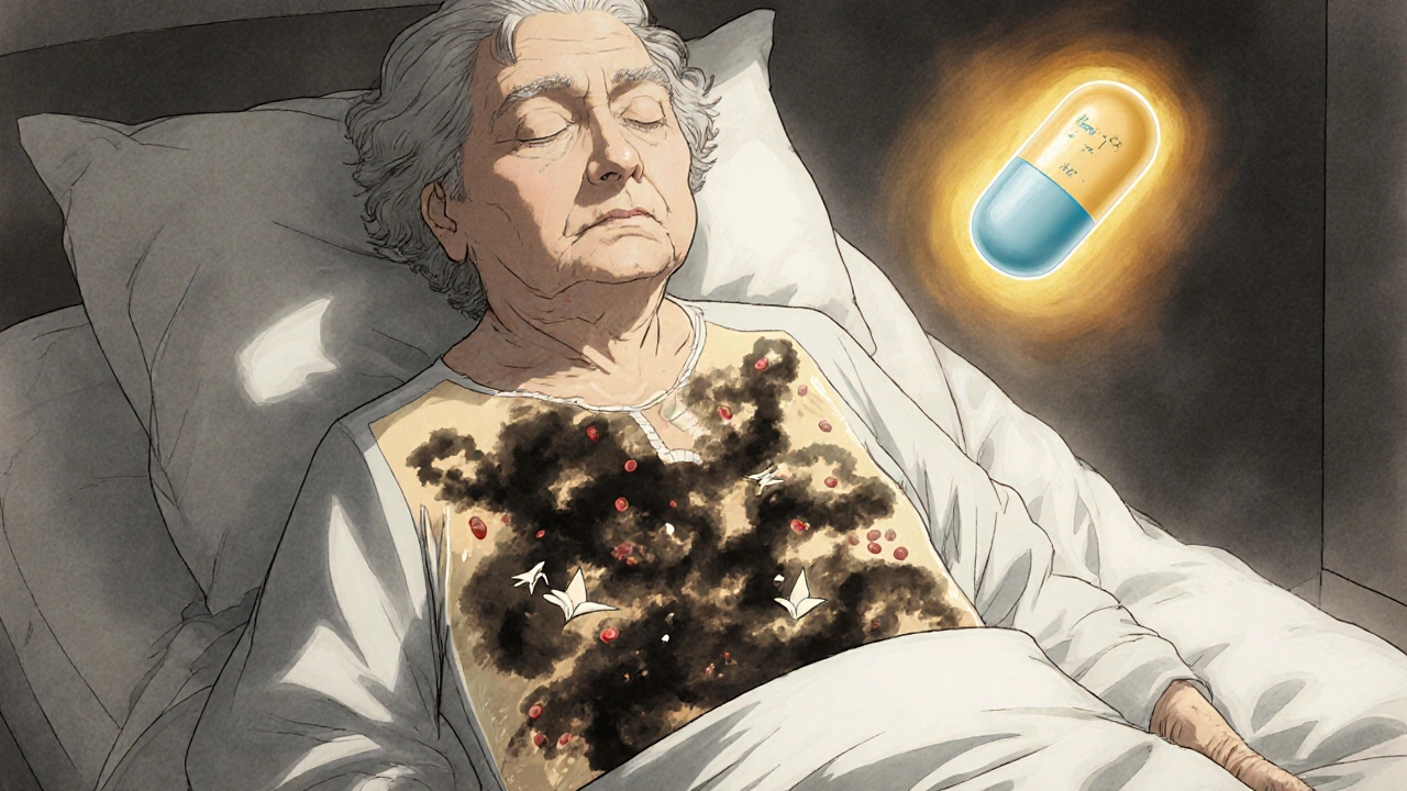 An elderly woman with internal bleeding revealed as swirling dark smoke, protected by a glowing PPI pill.