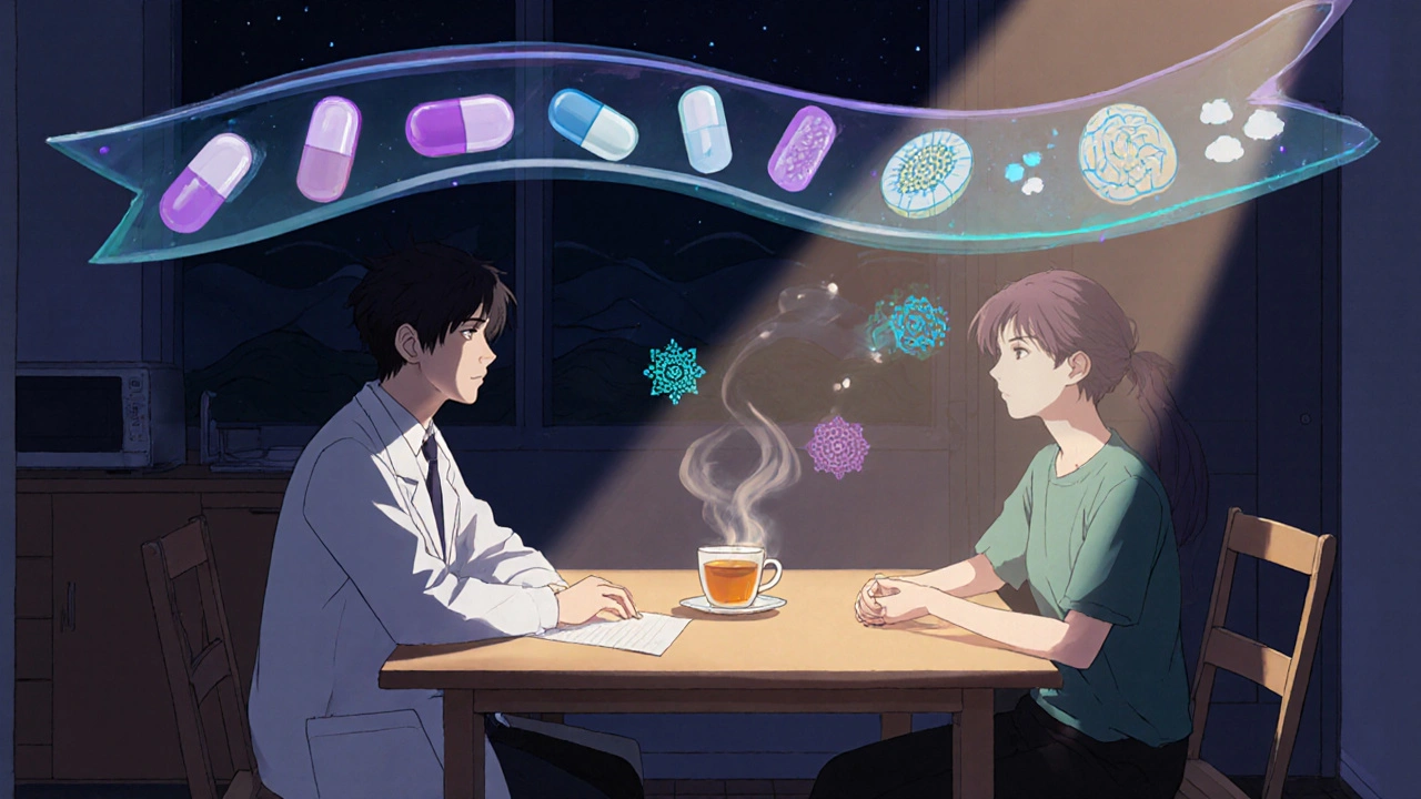 Doctor and patient at a kitchen table with a swirling timeline of medications above them.