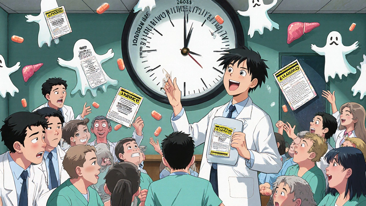 Doctors argue over old warnings while statins fly to patients, healing livers in an anime clinic.