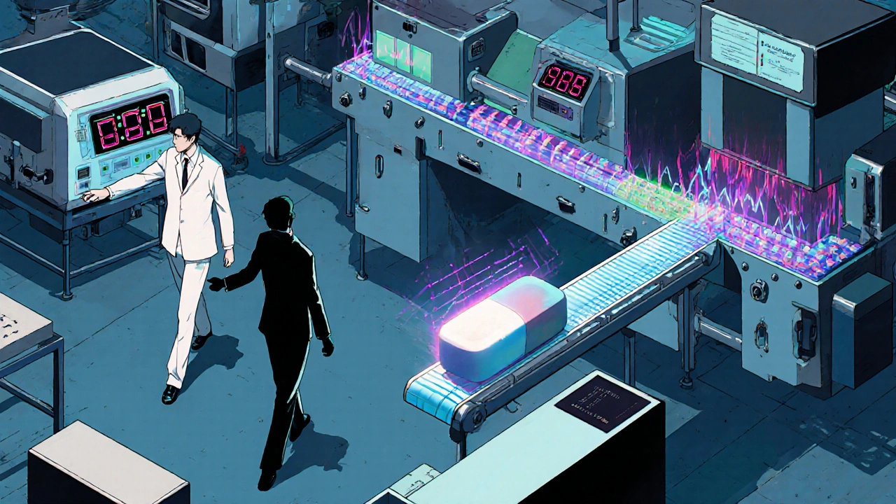 FDA inspectors examining real-time sensor data on a pill production line with abstract, colorful visualizations.