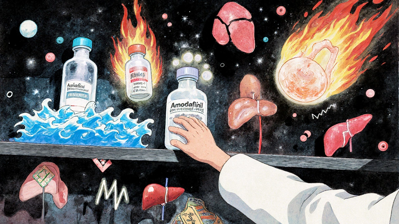 Floating nootropic bottles with distinct energy fields, a hand reaching for modafinil amid warning symbols.