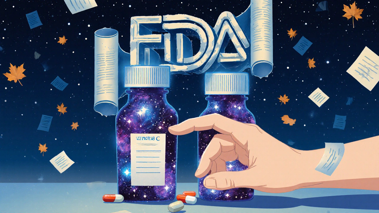Generic and brand-name pills as twin galaxies, watched over by a massive documentation-based FDA guardian.
