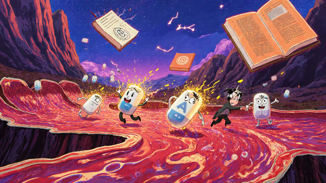 Human bloodstream with drug molecules racing, AB-coded in sync, BC-coded chaotic, in medical dreamscape.