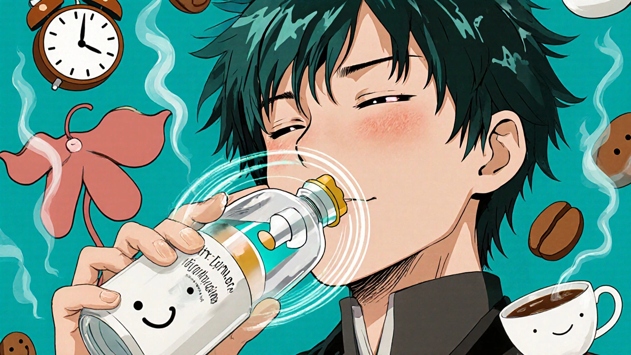 Liquid levothyroxine is absorbed perfectly while coffee is enjoyed nearby, no interference shown.