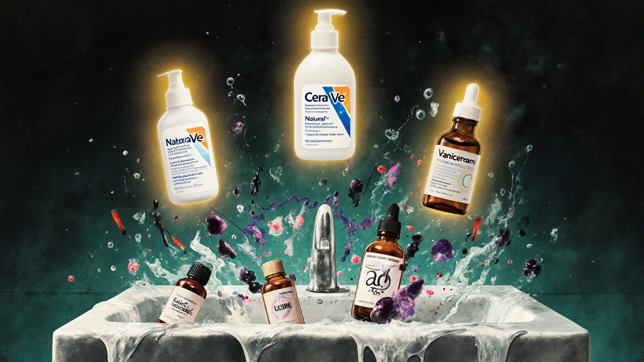 Minimalist skincare products glowing peacefully amid exploding labeled bottles of irritants.