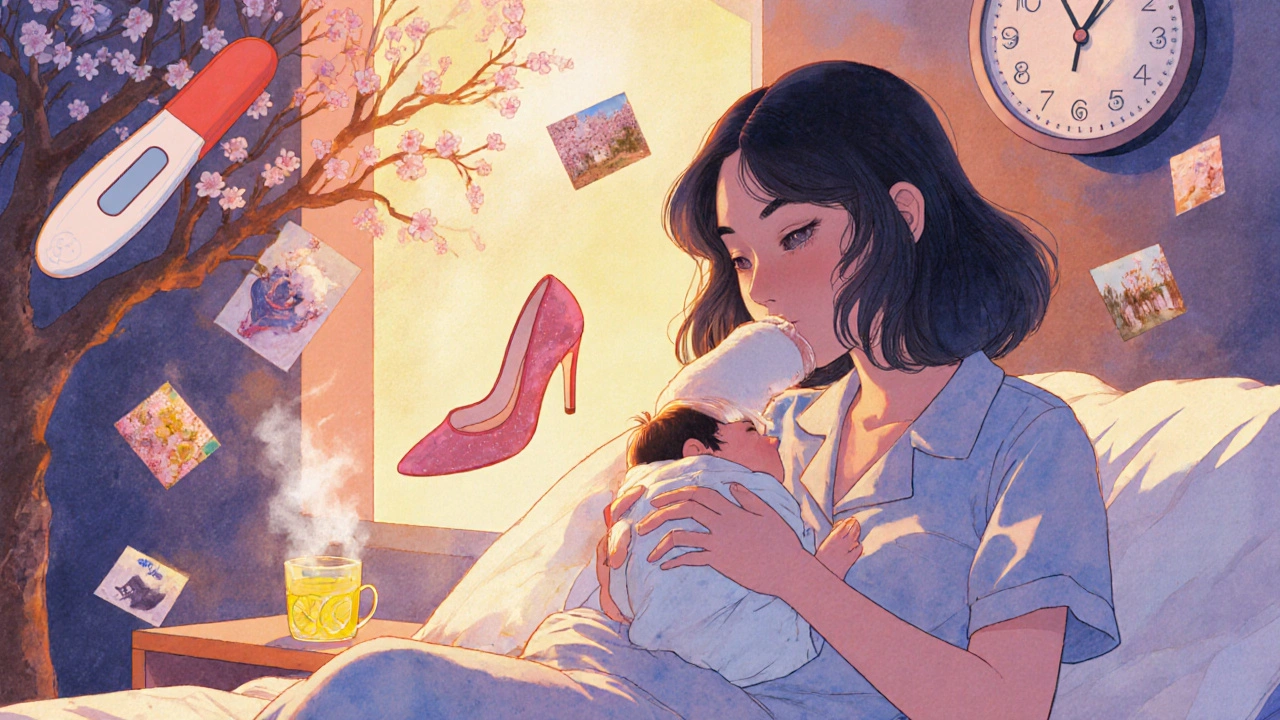 New mother breastfeeding with cold pack on ankle, lemon water nearby, floating memories around her.
