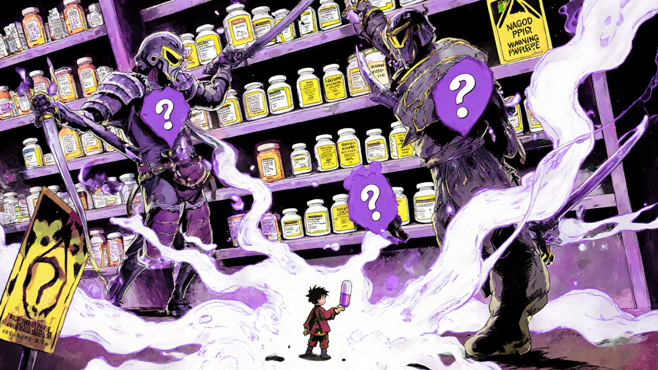 NSAIDs and COX-2 inhibitors as warriors on a pharmacy shelf, with a patient holding a protective PPI capsule.