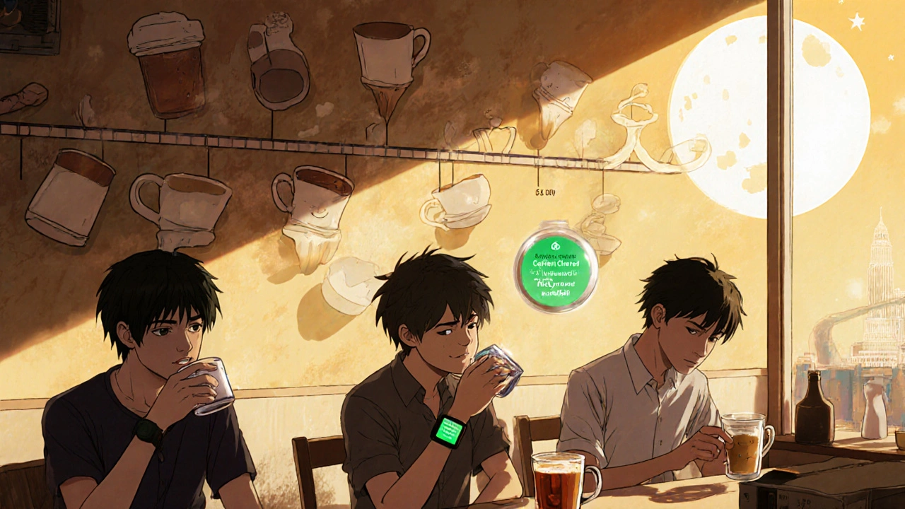 People in a café at cutoff time, one checking a sleep tracker with a glowing DNA helix.