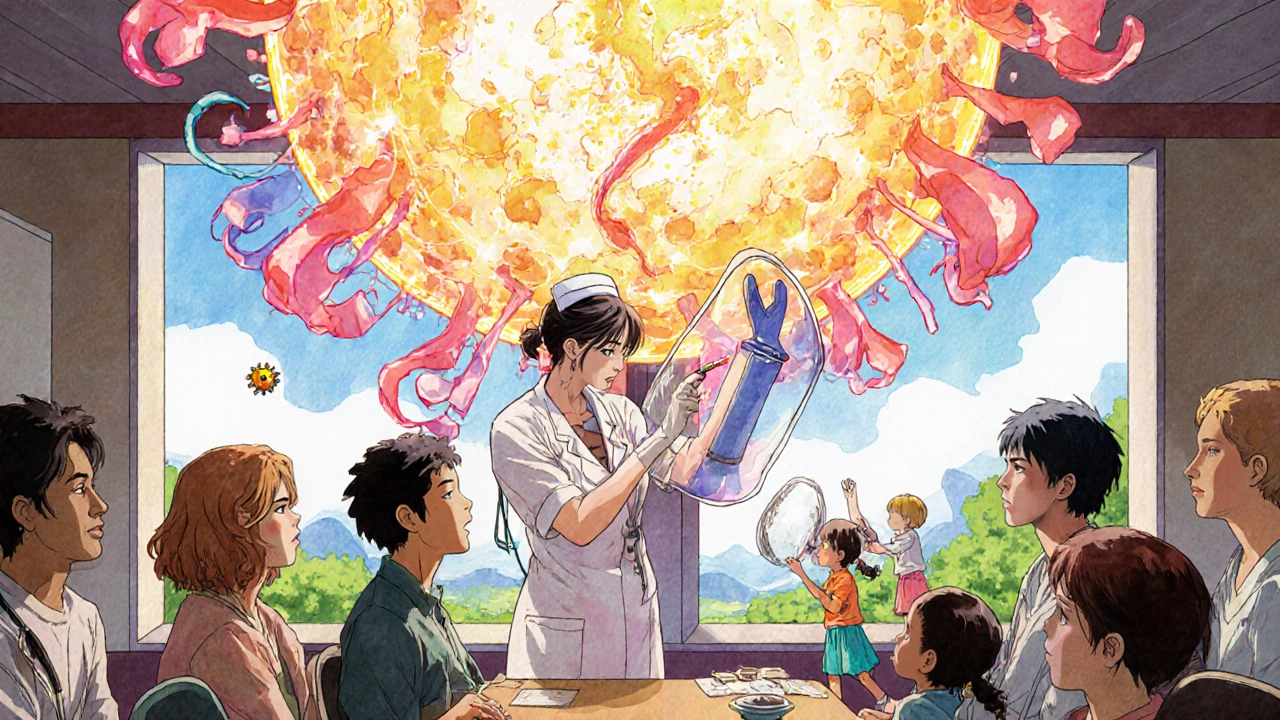 People receiving flu shots as vaccine ribbons turn into protective shields, with a fading flu virus being absorbed into a glowing mRNA sun.