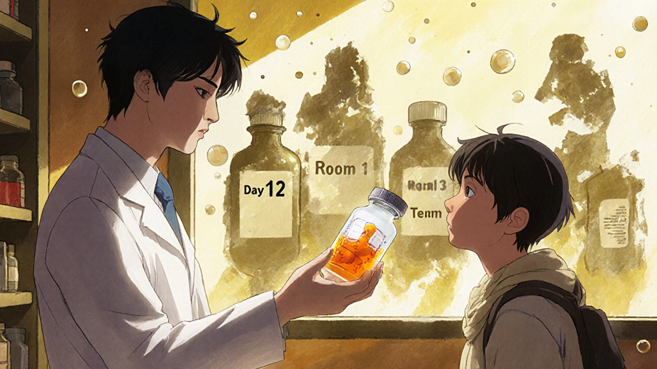 Pharmacist giving a dual-chamber antibiotic bottle to a parent, discarded bottles melting into shadowy figures behind them.