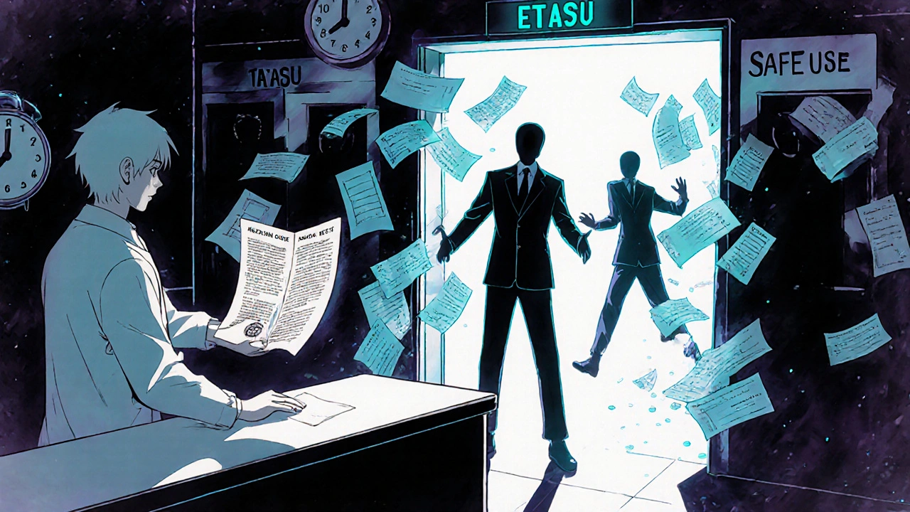 Pharmacist handing a Medication Guide as patients struggle through floating obstacles labeled ETASU.