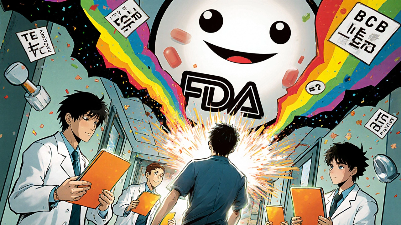 Pharmacists defending against B-code missiles with Orange Book shields in a hospital hallway battlefield.