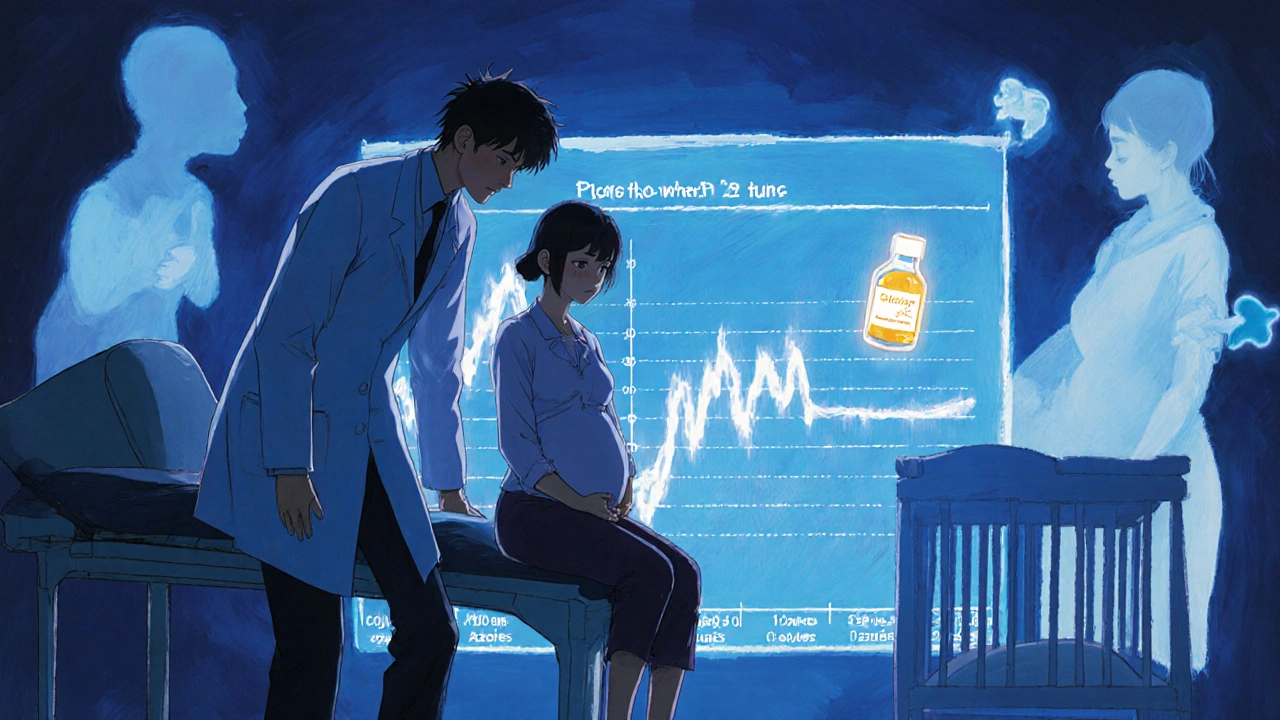 Pregnant woman consulting a rheumatologist with floating uric acid chart and medical symbols in the background.