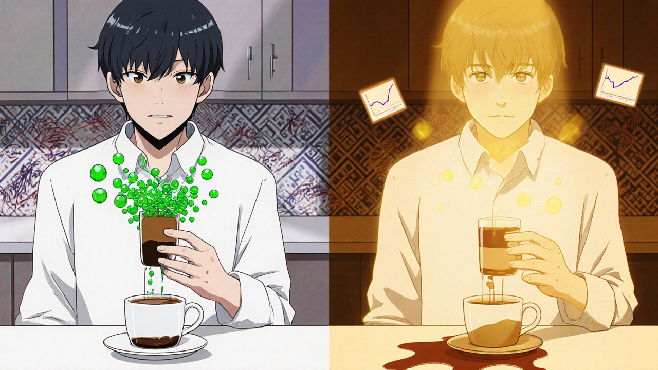 Split scene: coffee right after pill causes absorption failure vs. waiting 90 minutes allows healthy absorption.