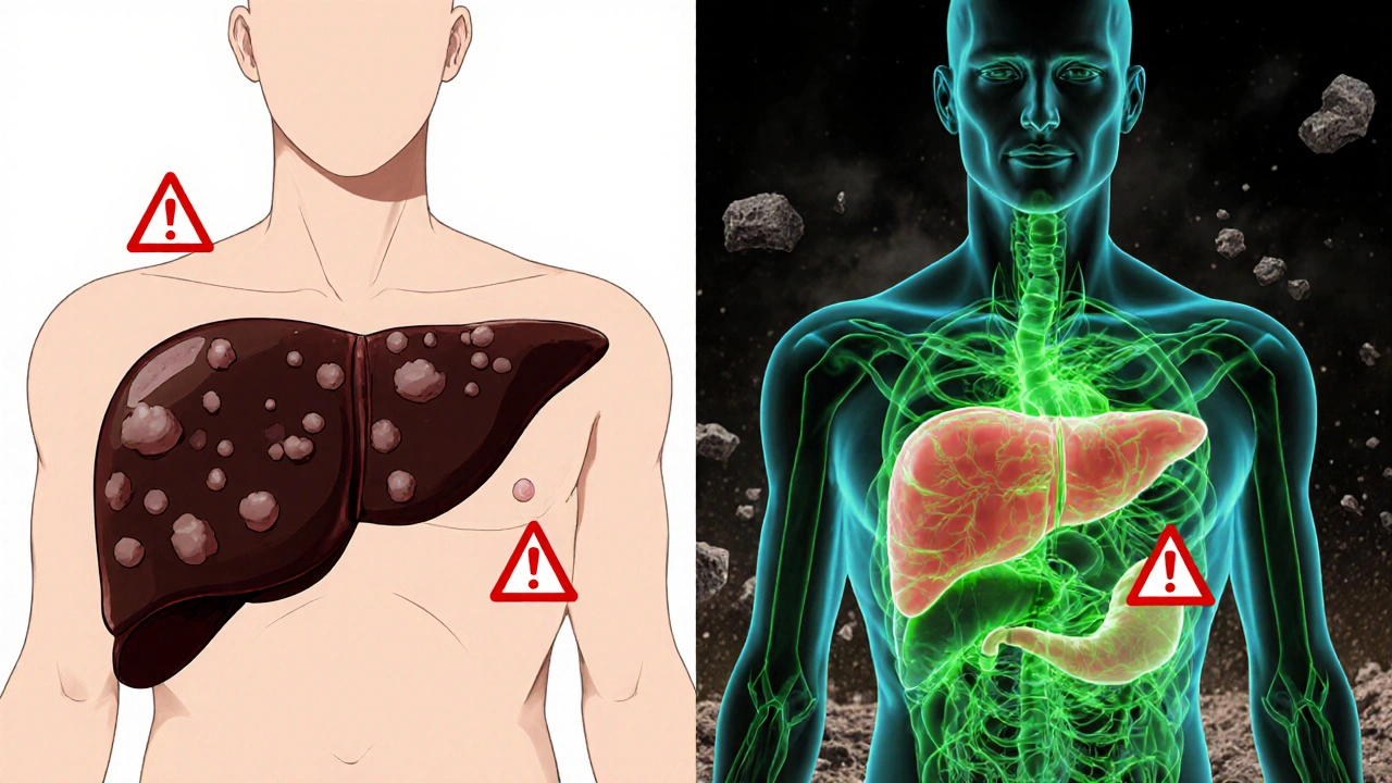 Split scene showing a damaged liver transforming into a healthy one with statin energy.