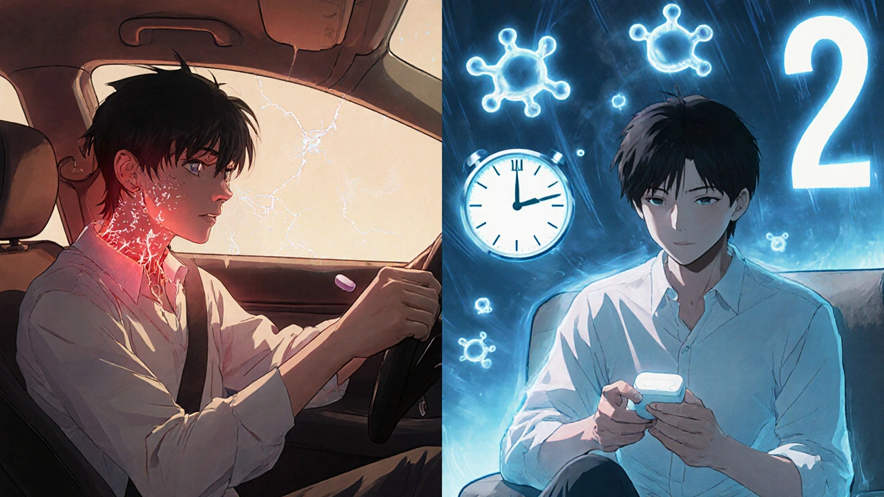 Split scene showing the contrast between dangerous triptan use and safe gepant use in anime style.