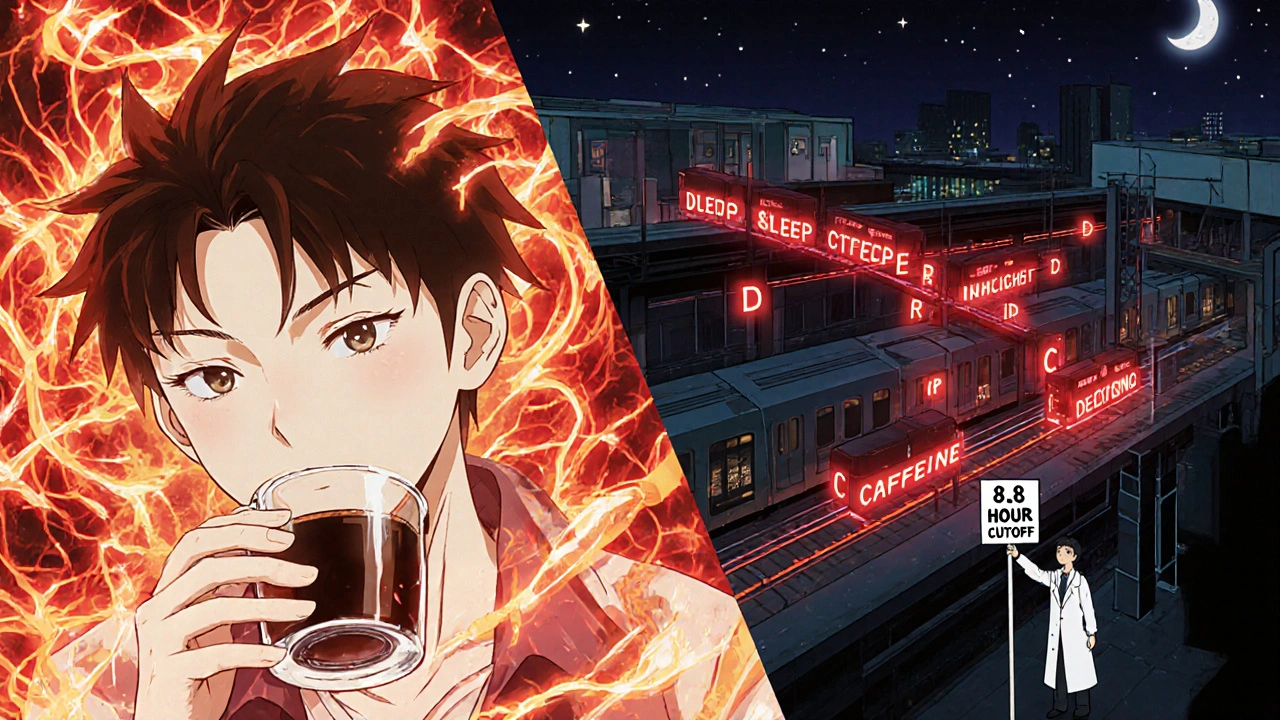 Split-screen of caffeine energy versus blocked sleep signals in a brain subway system.