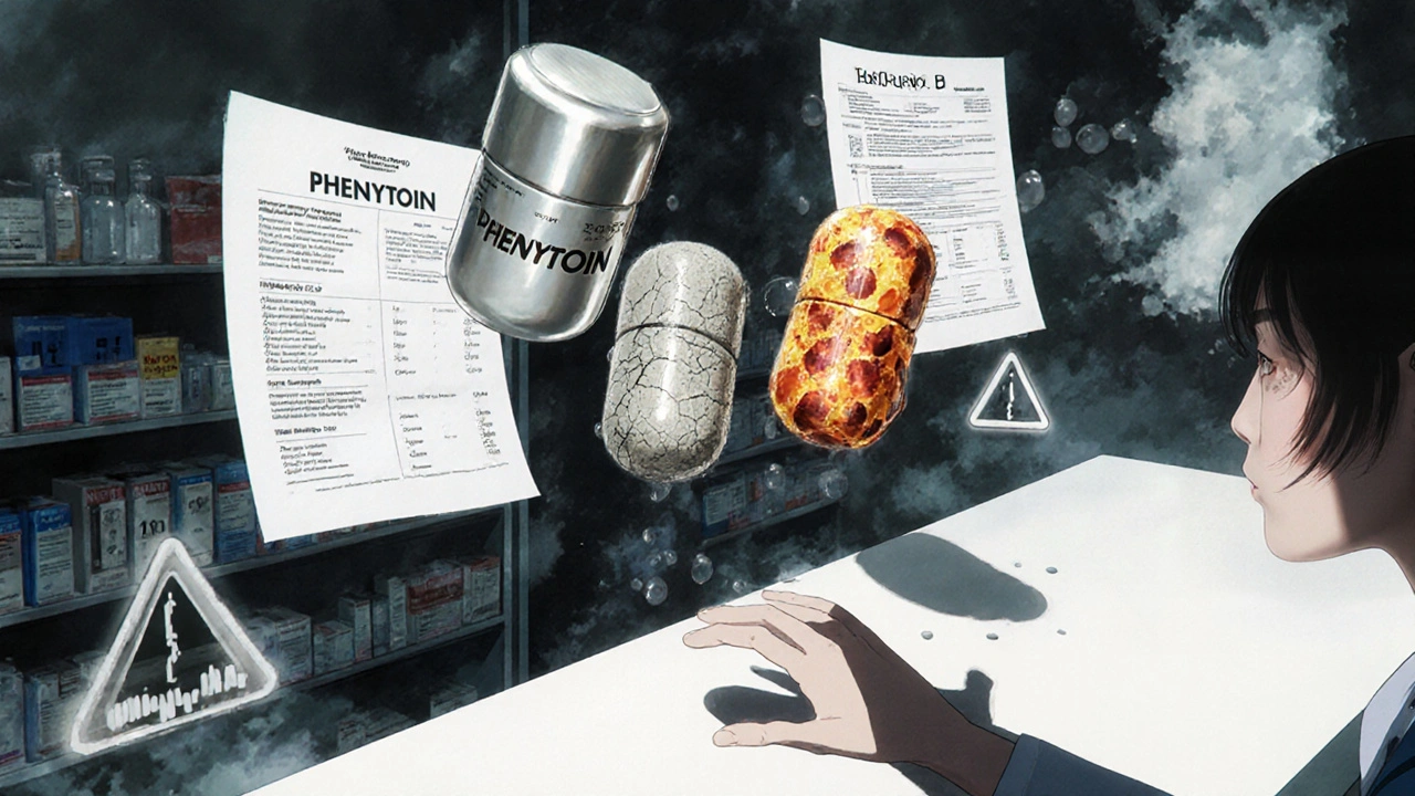 Three differently textured phenytoin pills floating above a pharmacy counter, with lab reports and seizure symbols, in anime style.