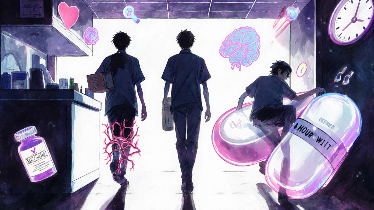 Three people walking away from a prescription counter, each affected differently by migraine medications in anime style.