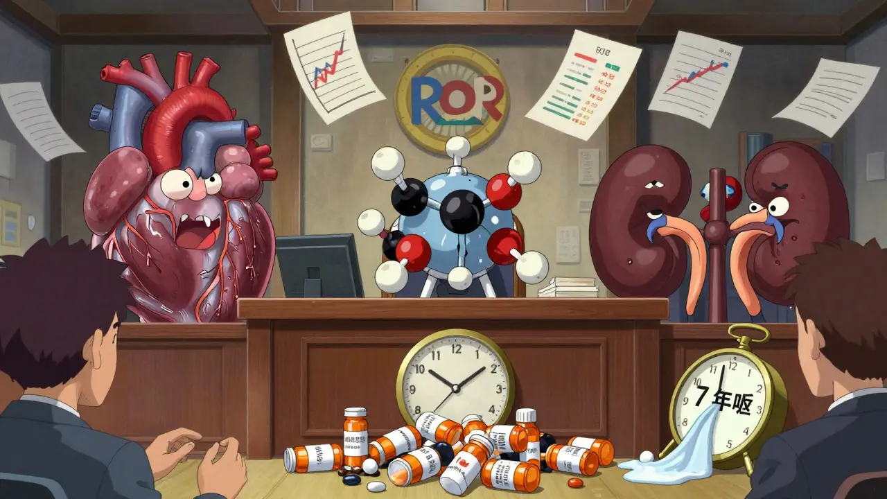 A biologic drug on trial inside a human body, with organs as jurors and melting clocks symbolizing delayed detection.