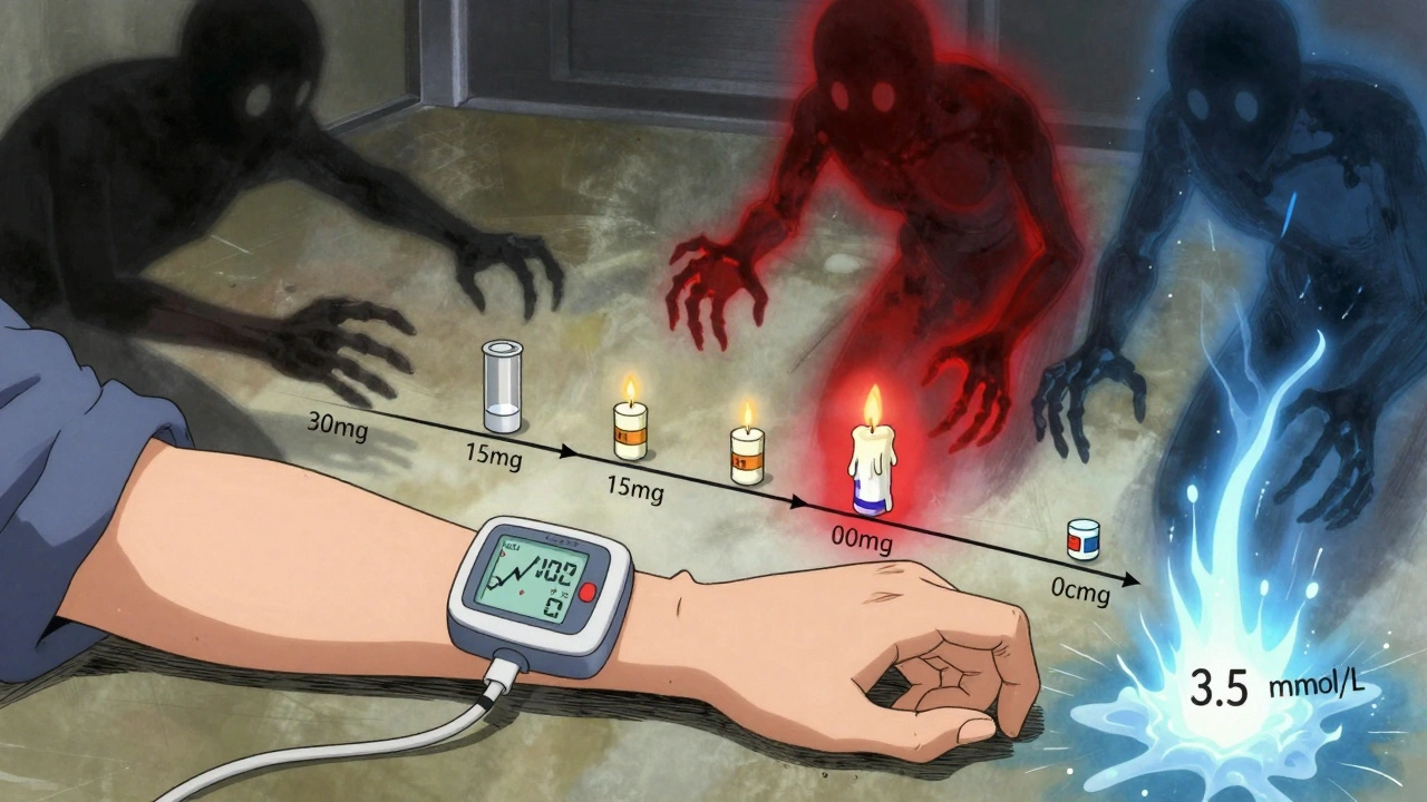 A CGM monitor on an arm showing glucose spikes and drops as steroid doses decrease, with hypoglycemia shadows looming.