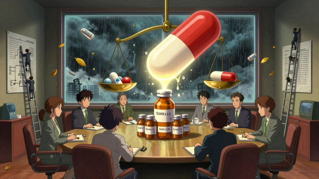 A committee at a table of drug bottles, a melting cost scale above them as shortage alerts rain down.