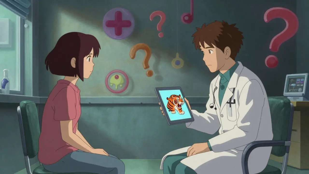 A doctor and patient in a distorted room, facing a tiger-shaped black box warning symbolizing drug risk.