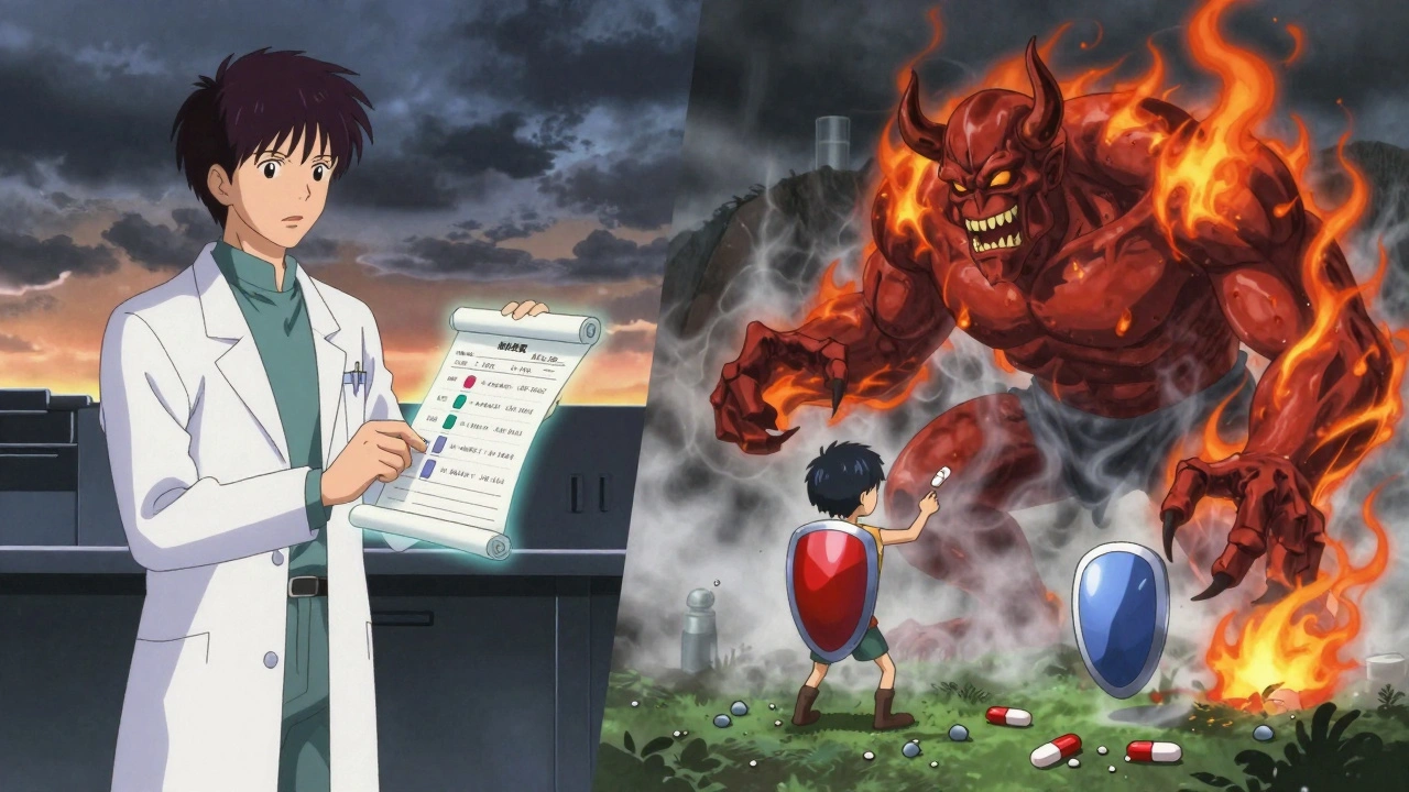 A doctor giving a taper plan while the patient’s inner world battles a steroid demon, with metformin as shields and broken sulfonylureas.