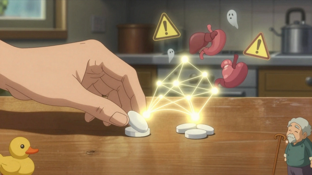 A hand placing acetaminophen and ibuprofen side by side with a glowing connection between them, surrounded by fading health warning symbols.