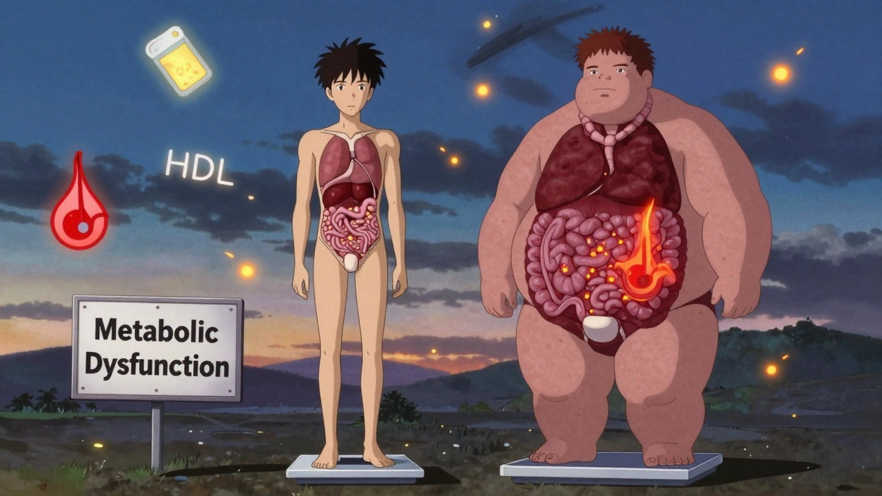 A lean man with internal visceral fat glowing red, beside an obese man with harmless subcutaneous fat, both on a scale warning of metabolic dysfunction.