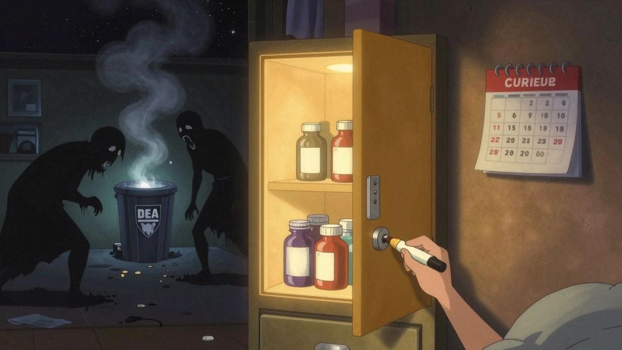 A locked medicine cabinet glows warmly as expired drugs dissolve into smoke, heading toward a distant disposal bin under a starry sky.