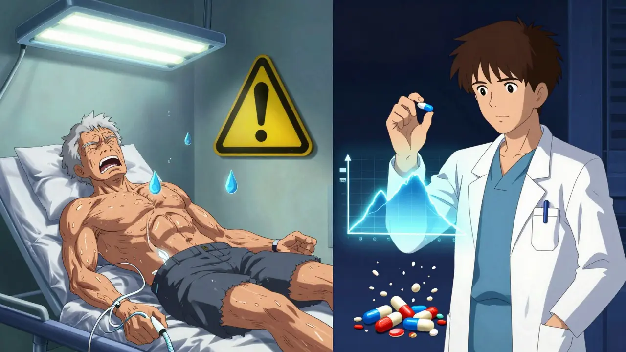 A man being catheterized in the ER while safer pills glow beside a rising flow graph, anticholinergics crumbling.