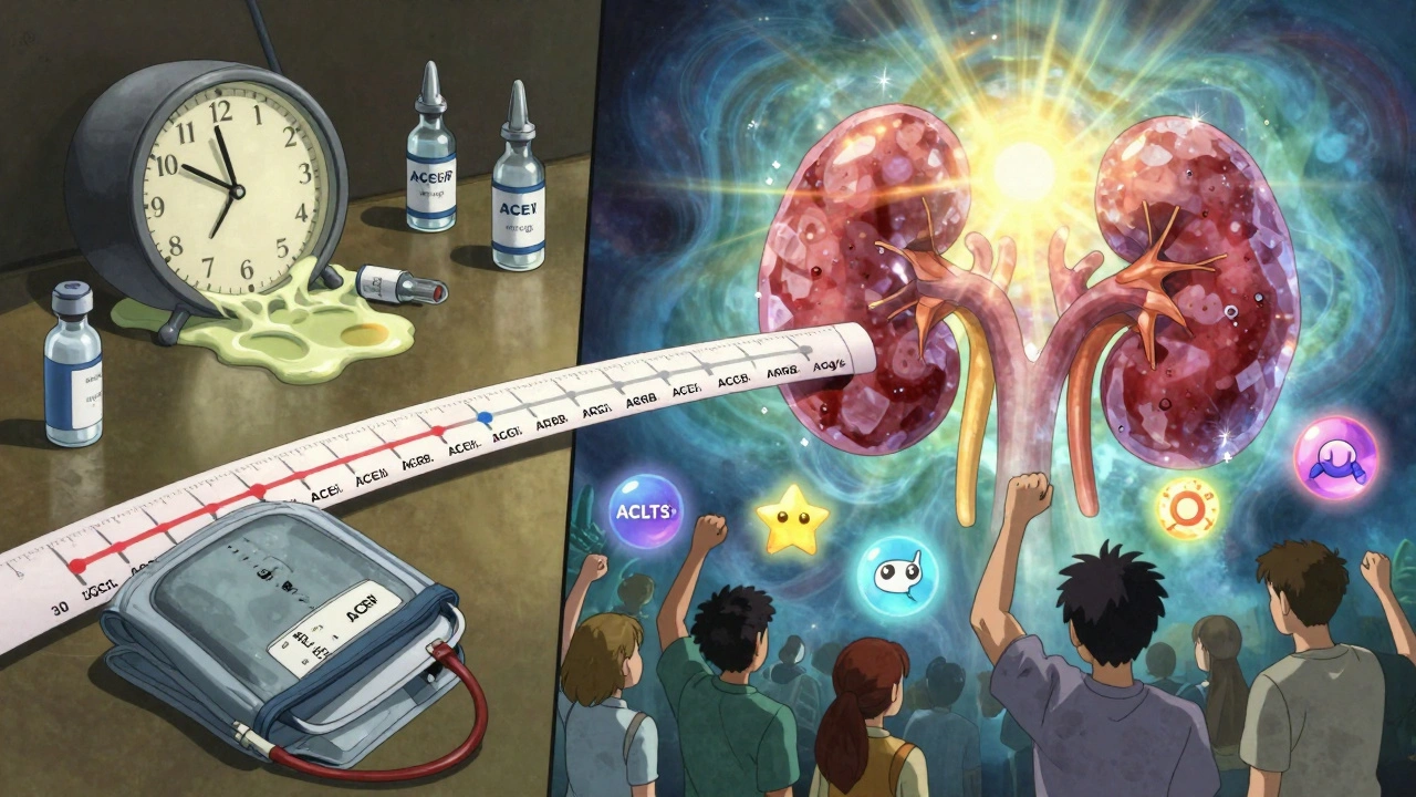 A melting clock connects to medical icons as a healthy kidney glows beside annual test strips showing improved UACR levels.