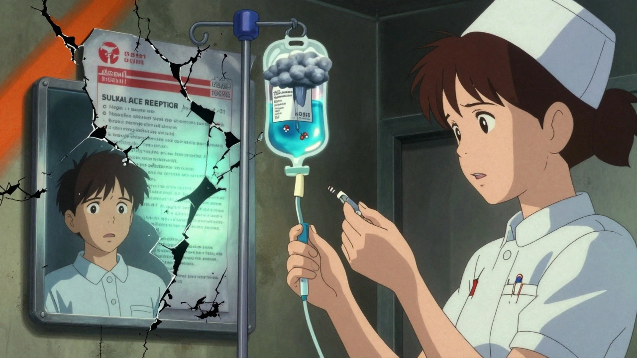 A nurse administering an IV as the liquid turns into a storm, with a cracked generic label revealing hidden rebates.