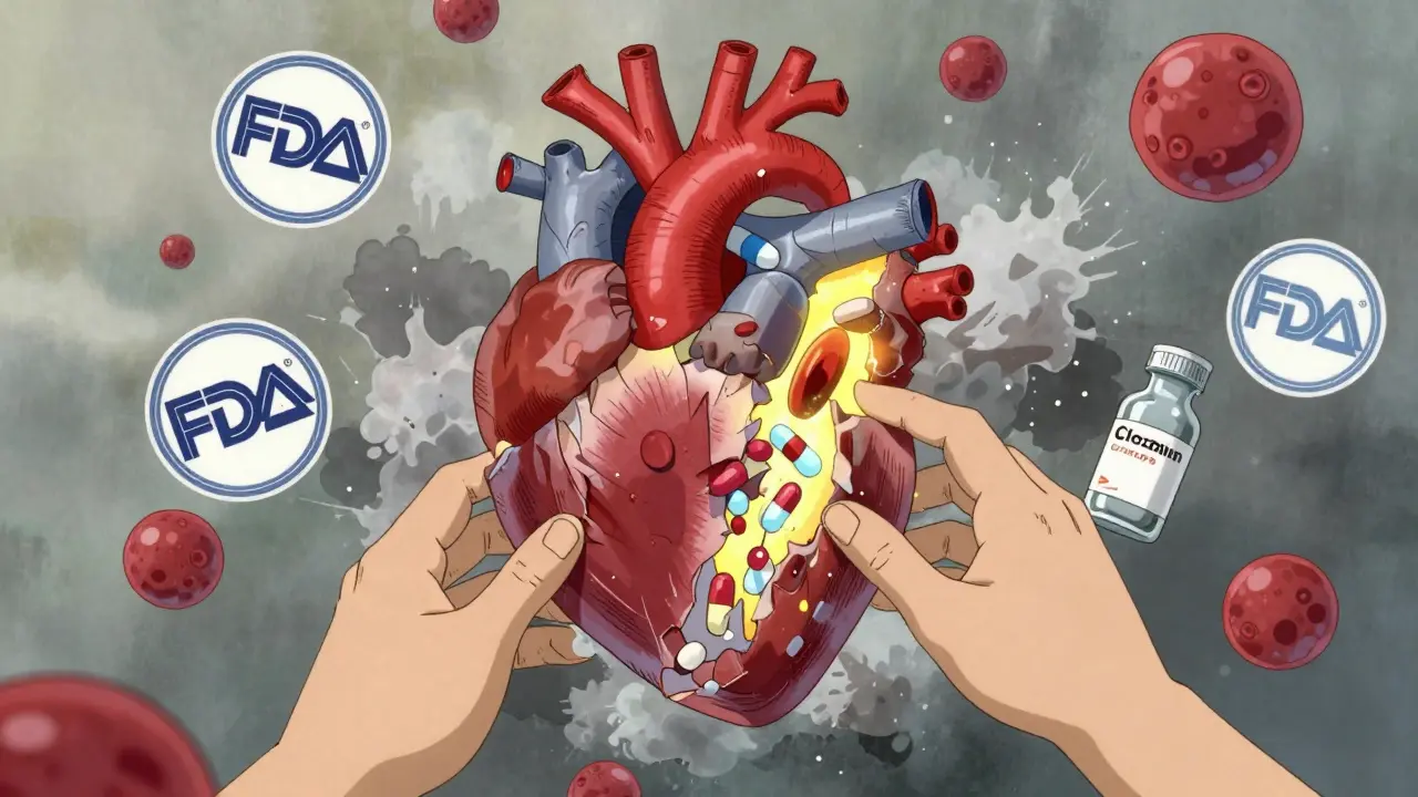 A paper pill heart crumbling and glowing, surrounded by FDA seals and vials, with hands stabilizing it.