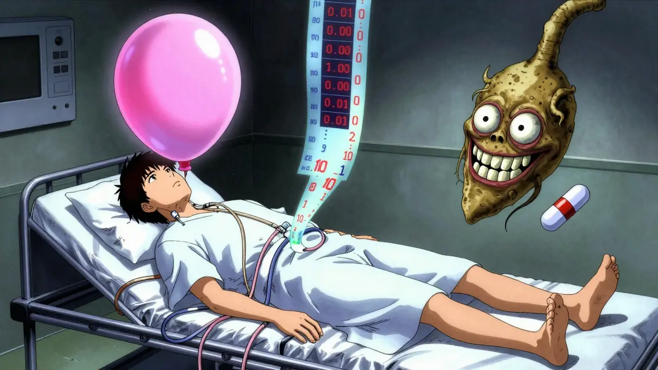 A patient in an ER with an overinflated thyroid gland, spewing data streams, while a menacing ashwagandha root grins beside a precise pill.