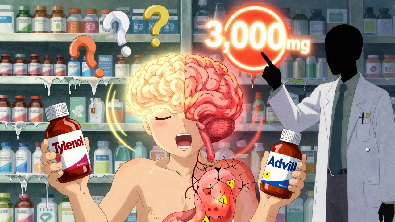 A person&#039;s body split between calm brain and inflamed joints, with floating pills and a glowing dosage limit in a melting pharmacy background.