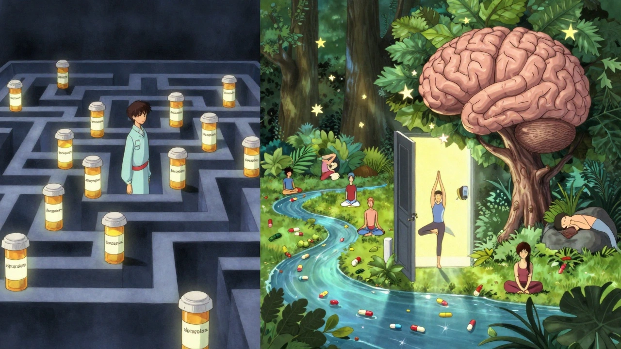 A person escaping a maze of pill bottles into a serene brain-shaped garden under sunlight.