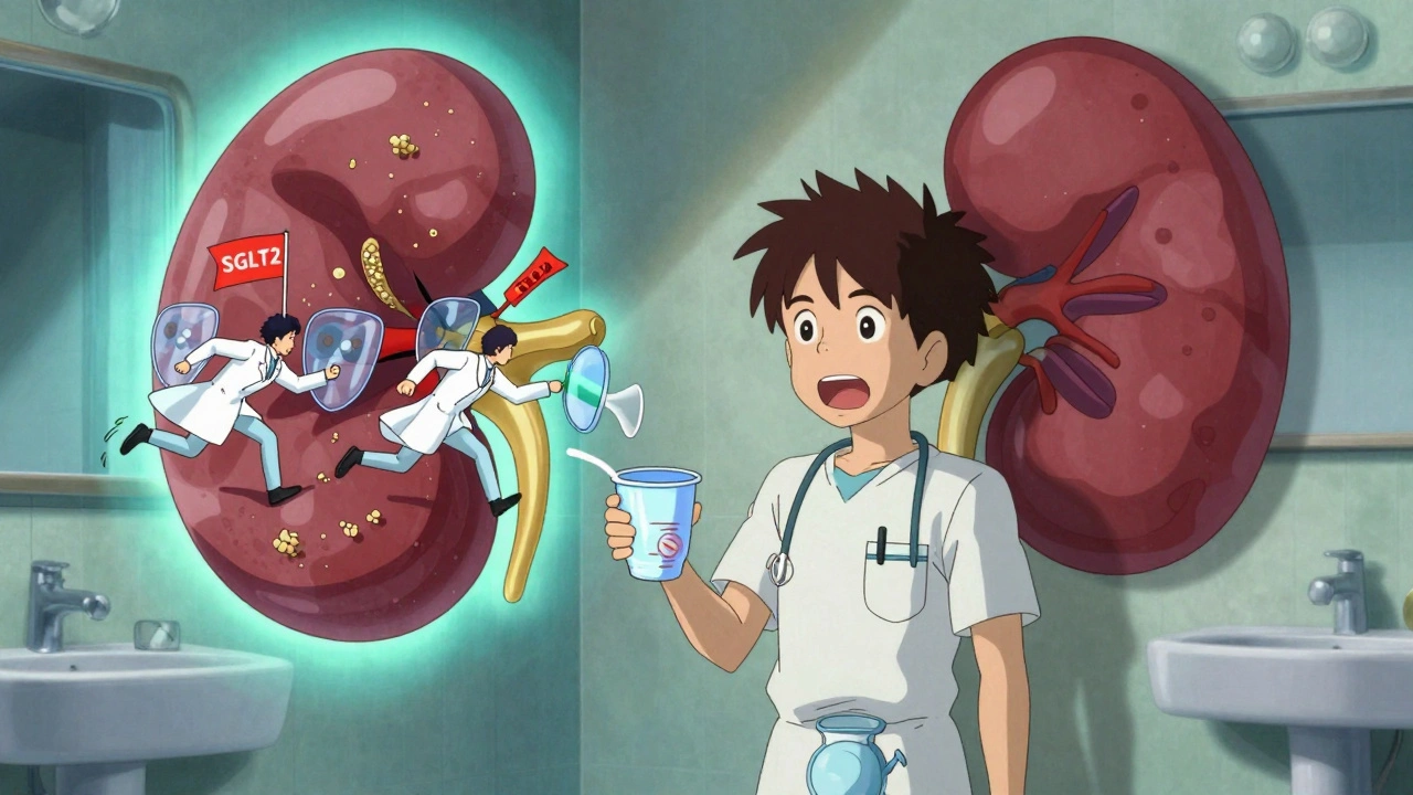 A person holds a urine cup that opens into a miniature kidney battlefield where doctors plant protective medical flags.