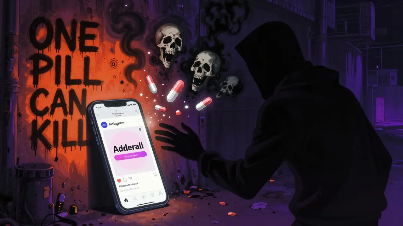 A person reaching for fake pills online as they transform into fentanyl skulls exploding into smoke.