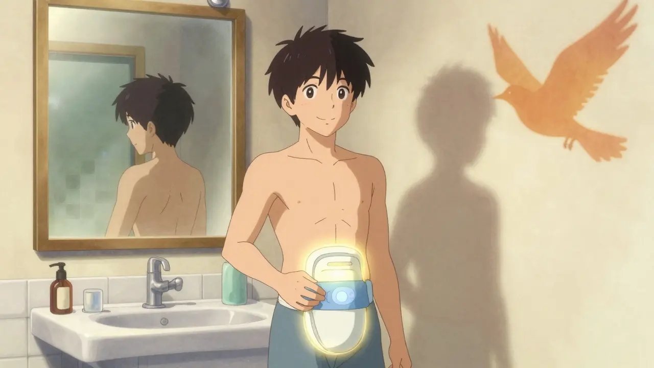 A person smiling in a bathroom, holding a glowing ostomy bag with a bird-shaped shadow.