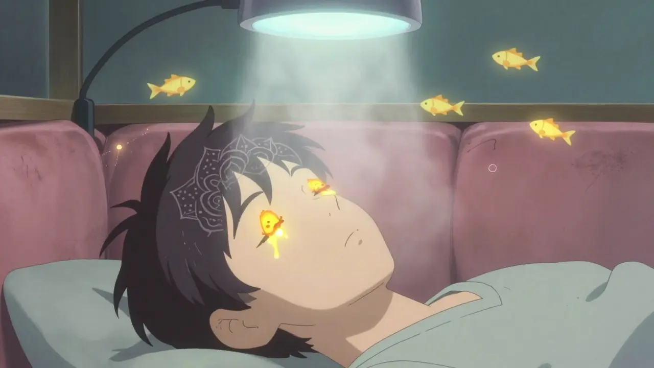 A person under a humidifier with steam forming mandalas above their face and oil glands reviving like lanterns.