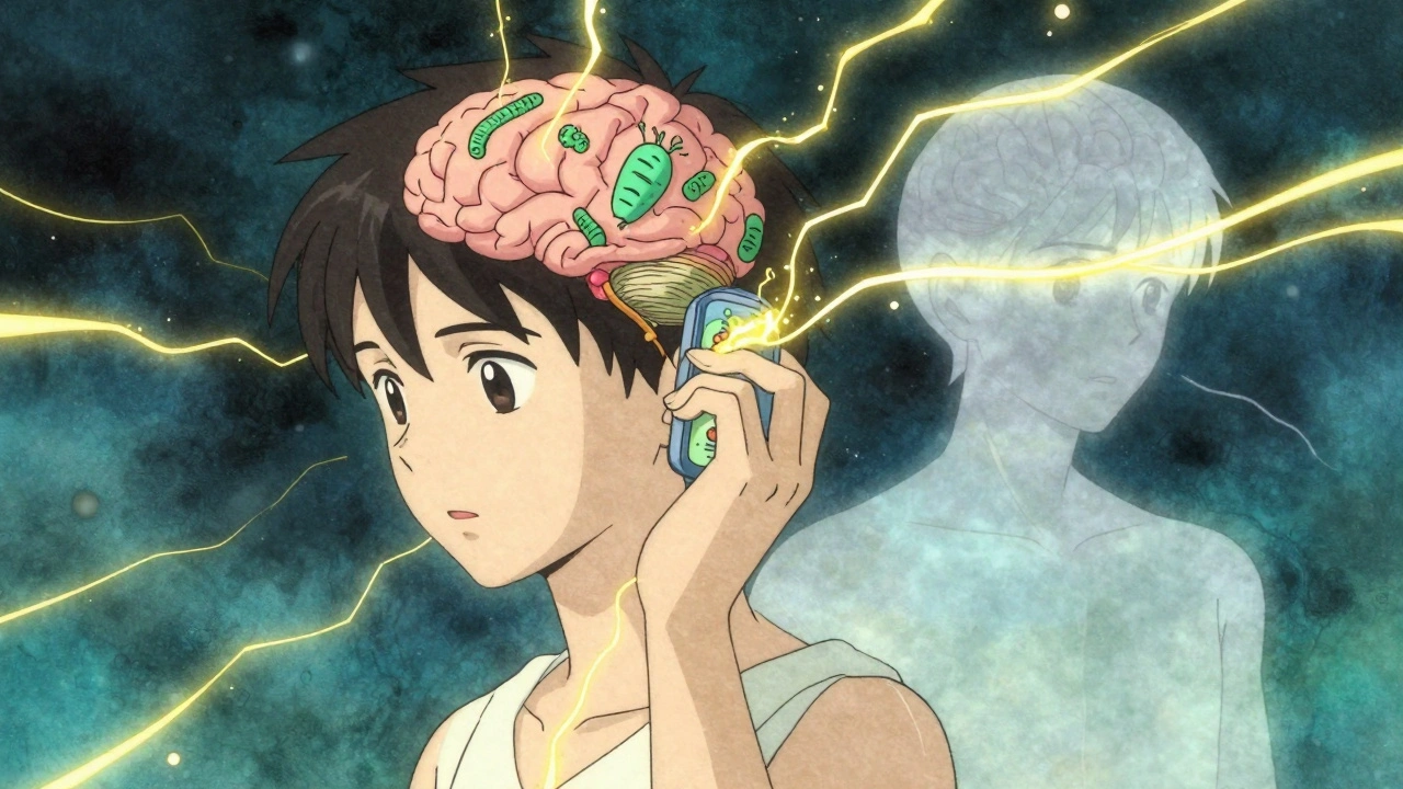 A person using a vagus nerve device as golden waves calm their body, bacteria balancing and serotonin flowing steadily in anime style.